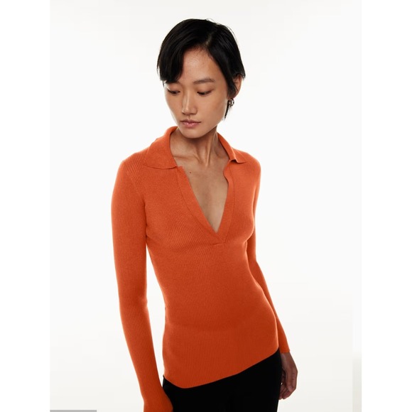 Babaton Sweaters - BABATON Orange Ribbed V Neck‎ Collar Long Sleeve Sweater Knit Top XL